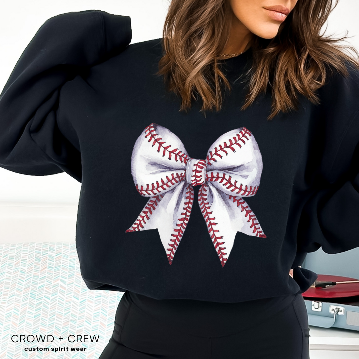 Baseball Bow Adult Fleece Crewneck Sweatshirt